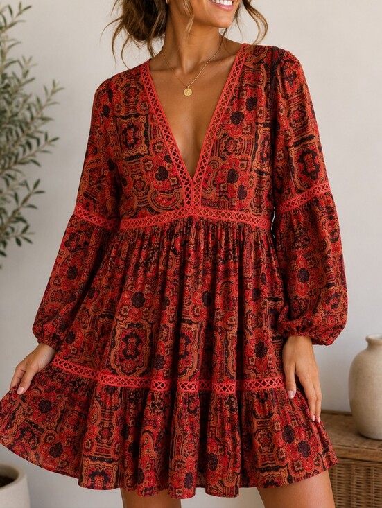 Vici Dresses & Skirts - Vici Long Sleeve Dress Womens Size L Red Black Paisley Print